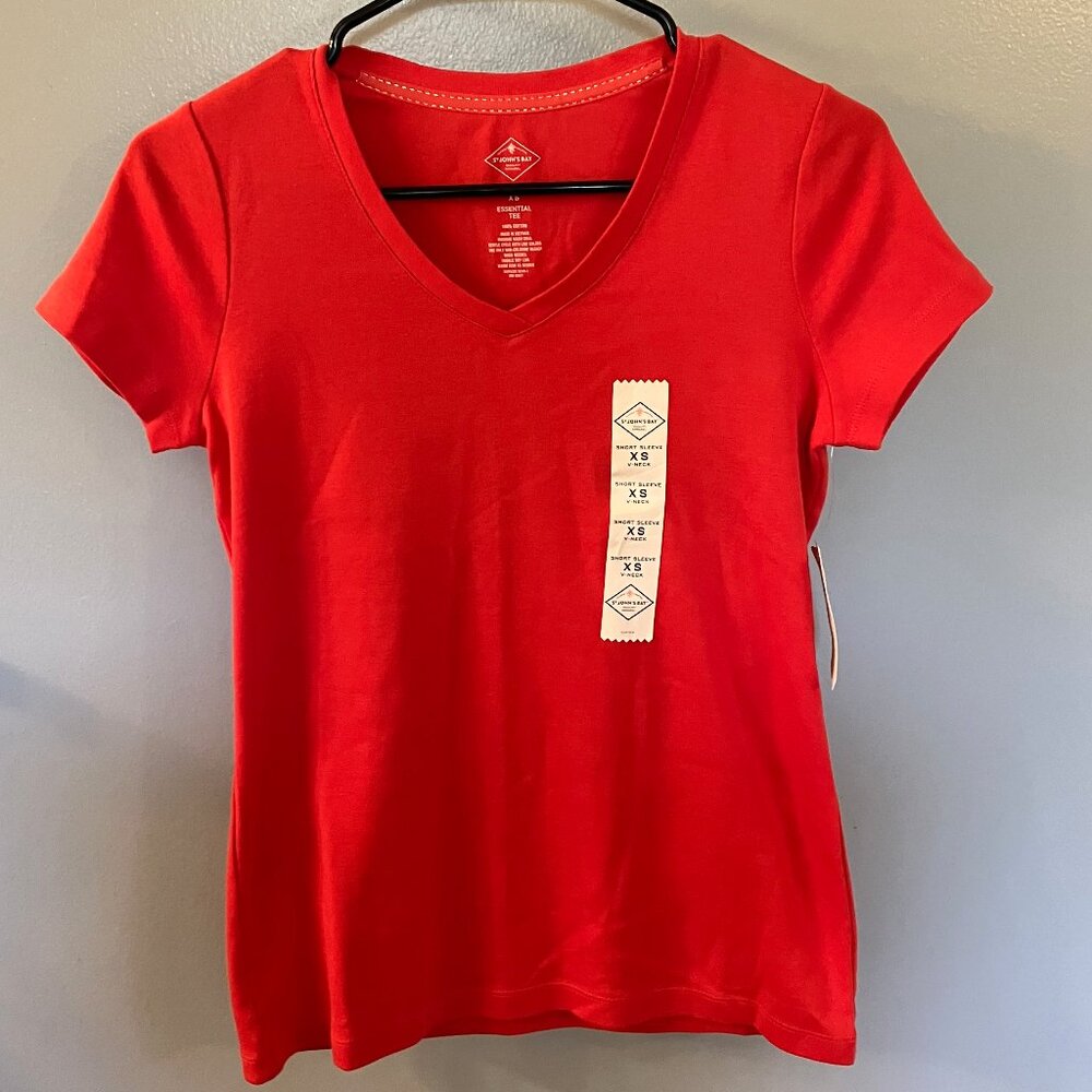 NWT St Johns Bay V-Neck Tee Shirt Short Sleeve Orange Size XS - Picture 1 of 6